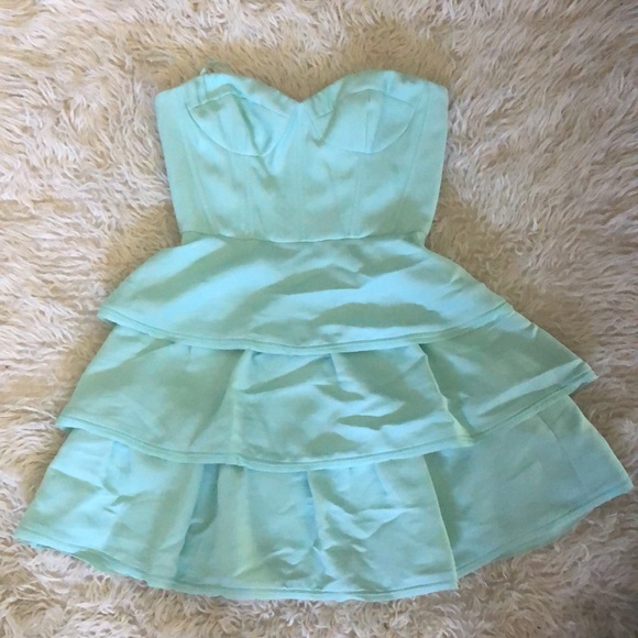 BCBG | Jacklyn Tiered Ruffle Strapless Green Opaline Dress NWT - Picture 6 of 16